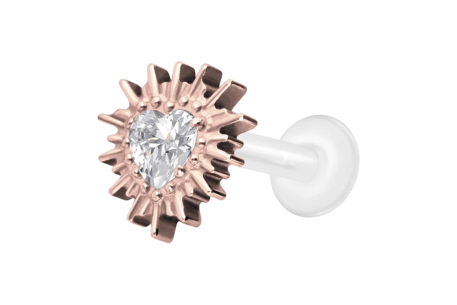 PTFE Labret Piercing mit Innengewinde + Titan-Aufsatz KRISTALLHERZ + SONNENSTRAHLEN